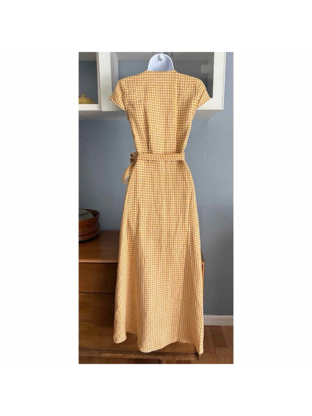 & Other Stories Gingham Check Linen Maxi Midi Wrap Dress Mustard Yellow White - Picture 4 of 10